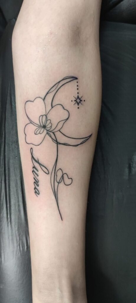 Tattoo von Rummel Art Verden – Realistic Eule mit Schriftzug – Bein